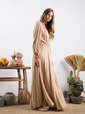Revolve x Sundress “Laura” tan & gold Split Sleeve Dress in Lisbonne Beige M/L